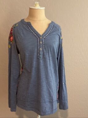 Caite Blue Embroidered Henley Long-Sleeve Top